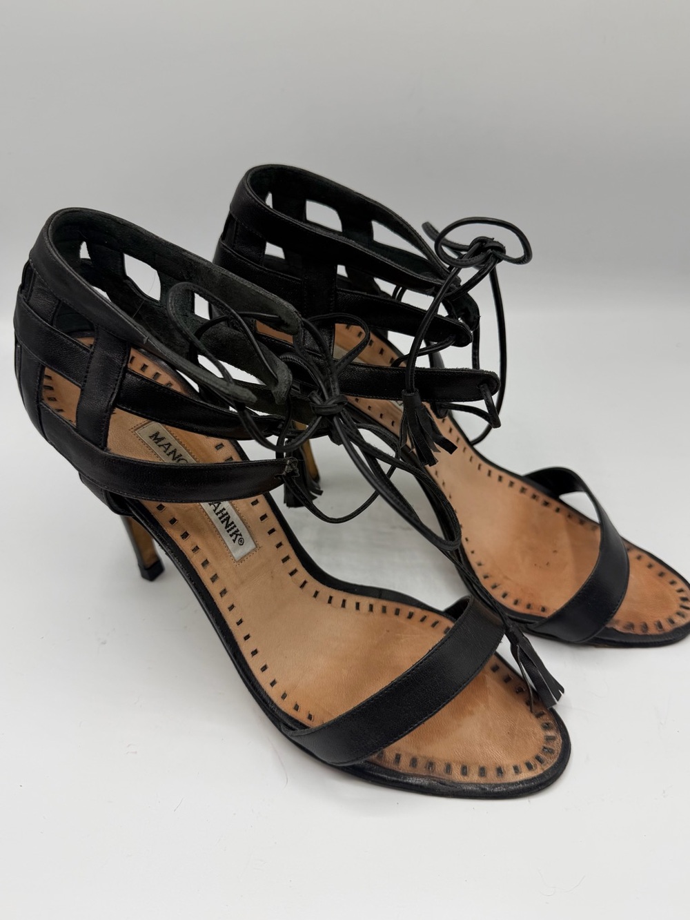 Vintage Manolo Blahnik Black Ankle Lace Tie Bow Tassle Strap Stiletto Heels Y2K